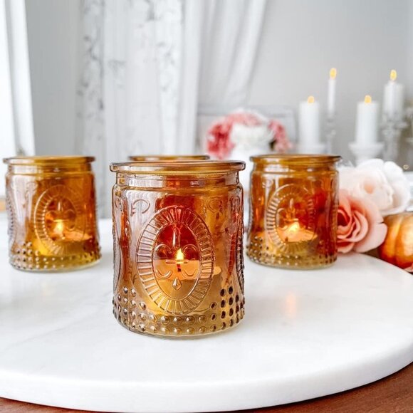 Vintage Amber Glass Tea Light Candle Holders Set of 4 - Votive Holders for Home - Picture 8 of 9